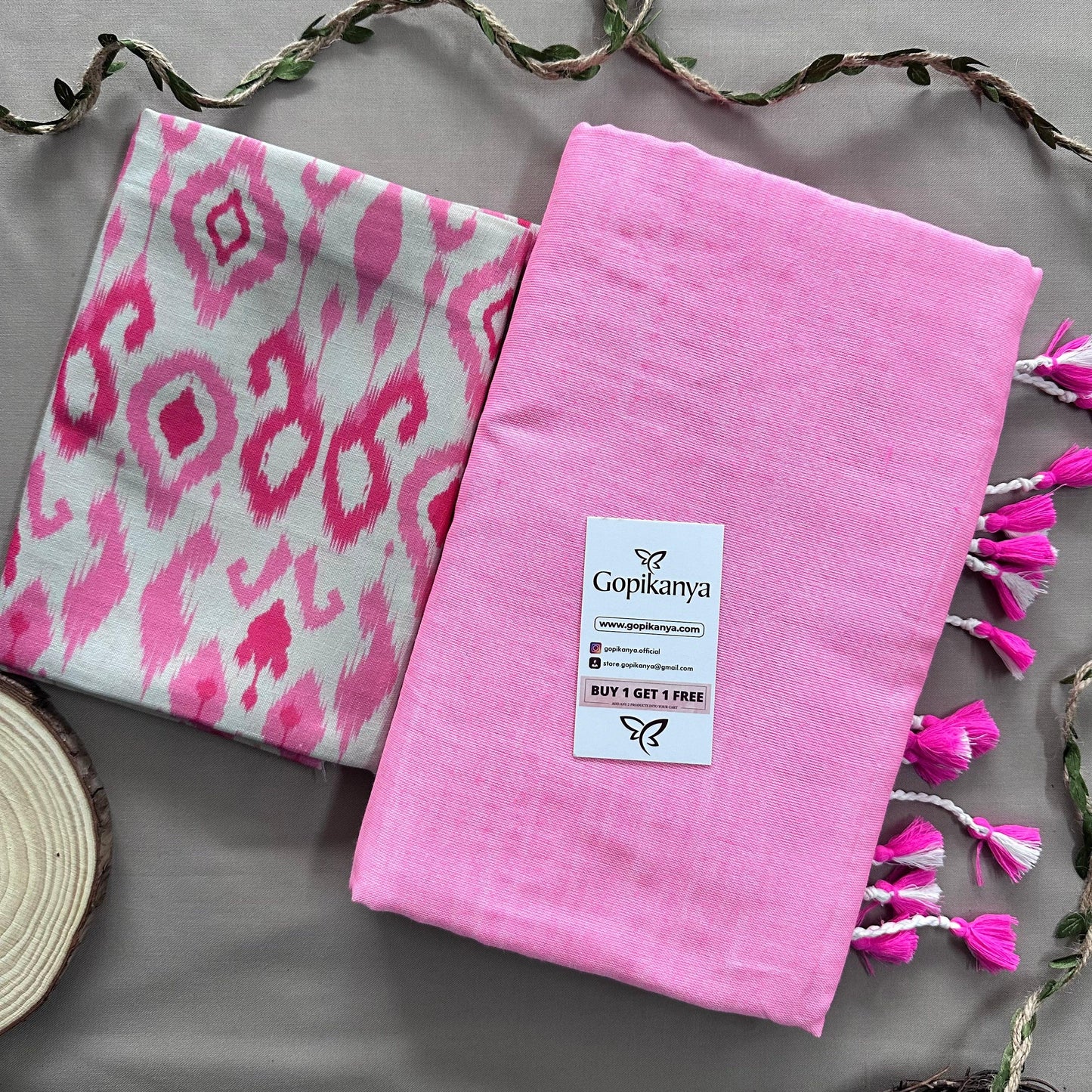 Baby Pink Handloom Cotton Saree With Ikkat Printed Blouse - Gopi Kanya