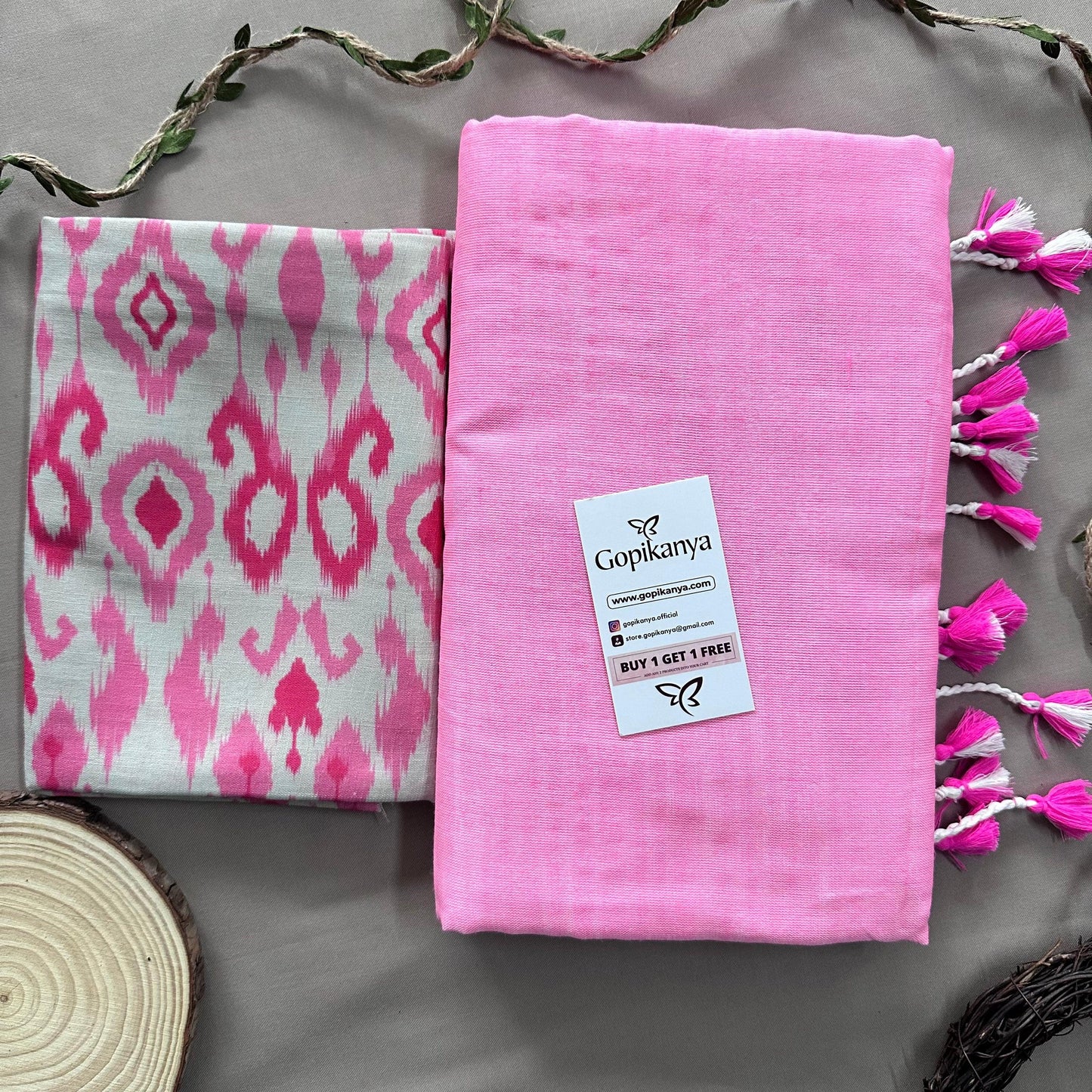 Baby Pink Handloom Cotton Saree With Ikkat Printed Blouse - Gopi Kanya