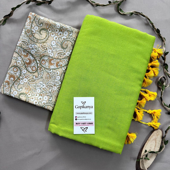 Pista Green Handloom Cotton Saree With Mango Printed Blouse - Gopi Kanya