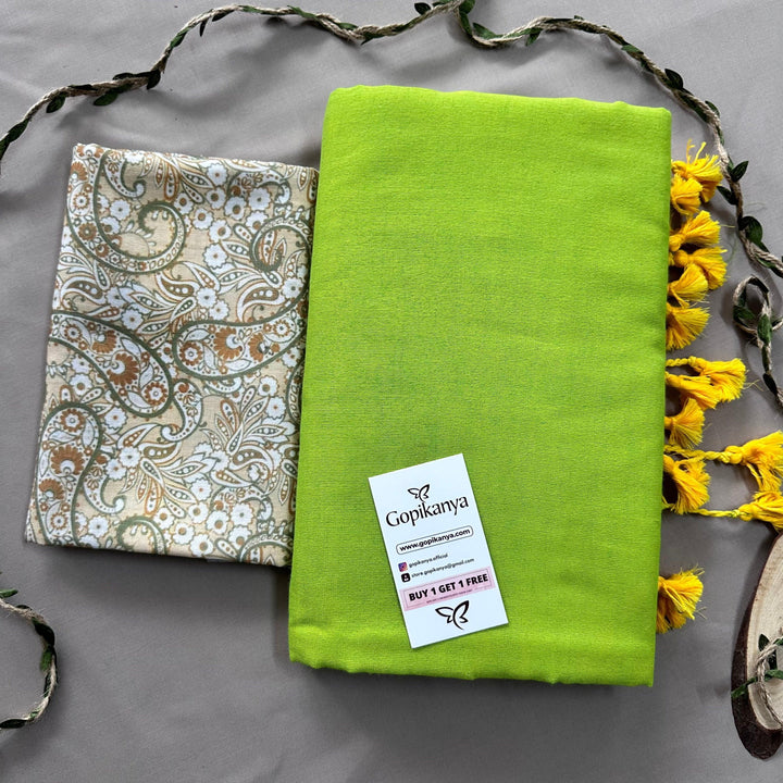 Pista Green Handloom Cotton Saree With Mango Printed Blouse - Gopi Kanya