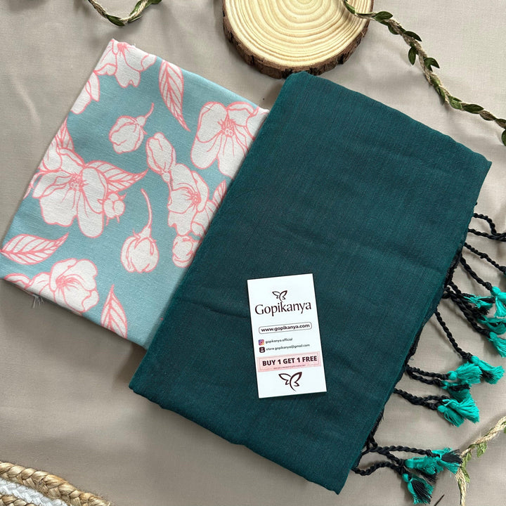 Rama Handloom Cotton Saree With Sky Printed Blouse - Gopi Kanya