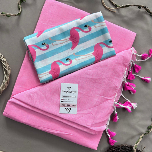 Baby Pink Handloom Cotton Saree With Bird Printed Blouse - Gopi Kanya