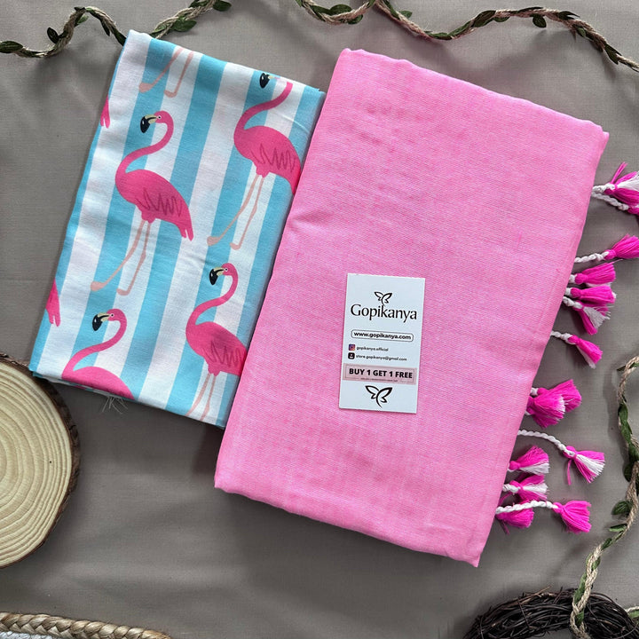 Baby Pink Handloom Cotton Saree With Bird Printed Blouse - Gopi Kanya