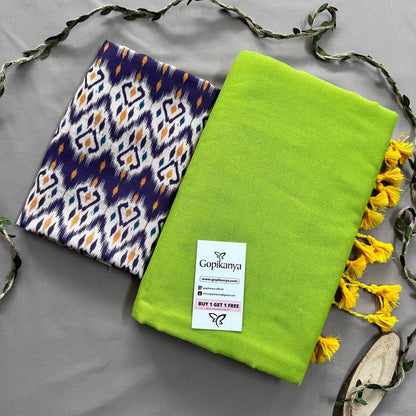 Pista Green Handloom Cotton Saree With Ikkat Printed Blouse - Gopi Kanya