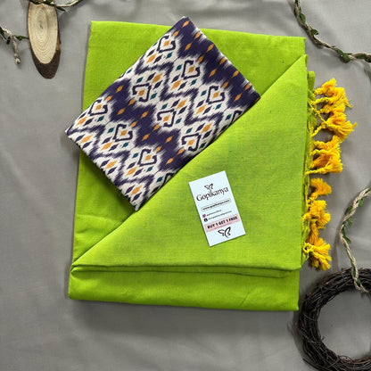 Pista Green Handloom Cotton Saree With Ikkat Printed Blouse - Gopi Kanya