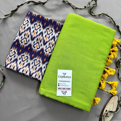 Pista Green Handloom Cotton Saree With Ikkat Printed Blouse - Gopi Kanya