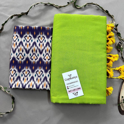 Pista Green Handloom Cotton Saree With Ikkat Printed Blouse - Gopi Kanya