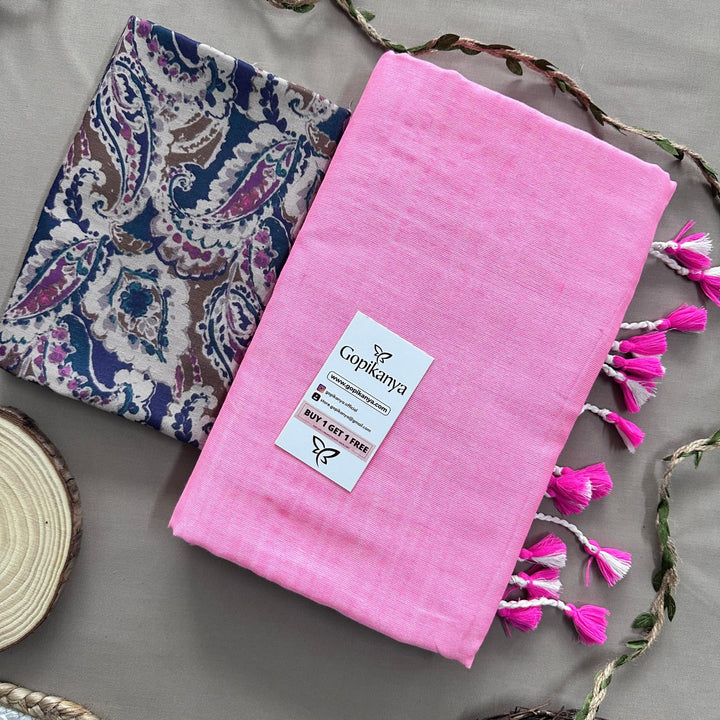 Baby Pink Handloom Cotton Saree With Mango Printed Blouse - Gopi Kanya