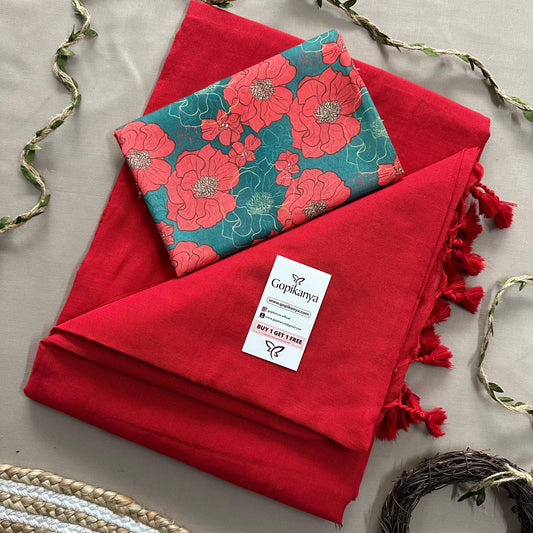 Red Handloom Cotton Saree With Flower Printed Blouse - Gopi Kanya