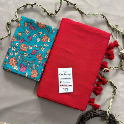 Red Handloom Cotton Saree With Blue Sky Blue Printed Blouse - Gopi Kanya