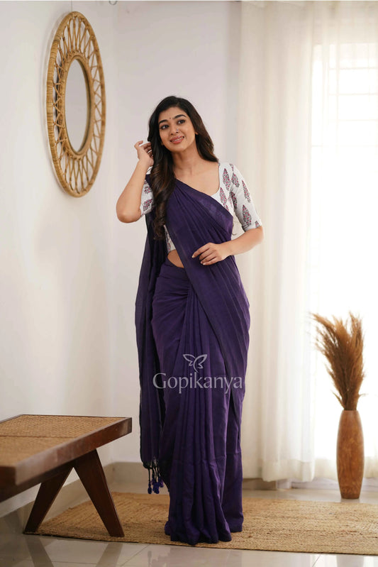 Purple Handloom Cotton Saree With White Designer Printed Blouse