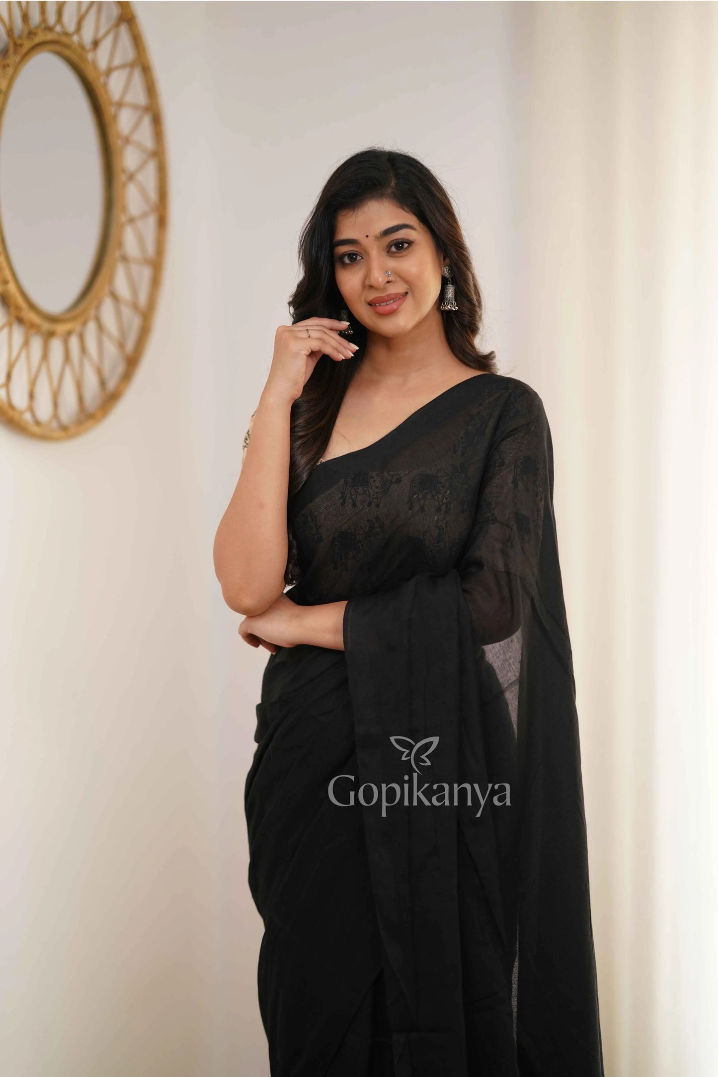 Black Handloom Cotton Saree With Chiku Printed Blouse