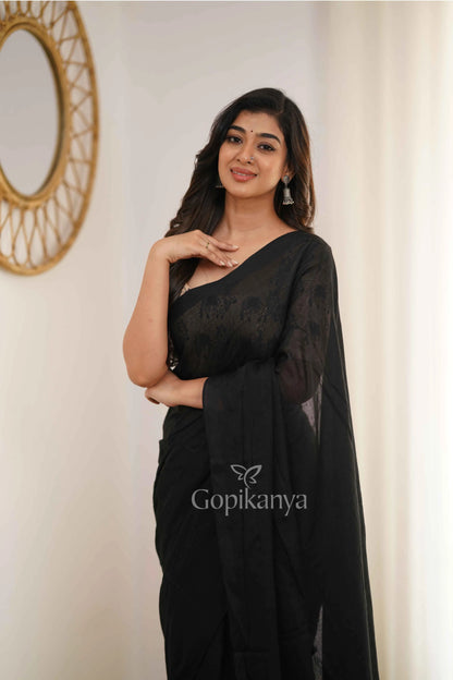 Black Handloom Cotton Saree With Chiku Printed Blouse