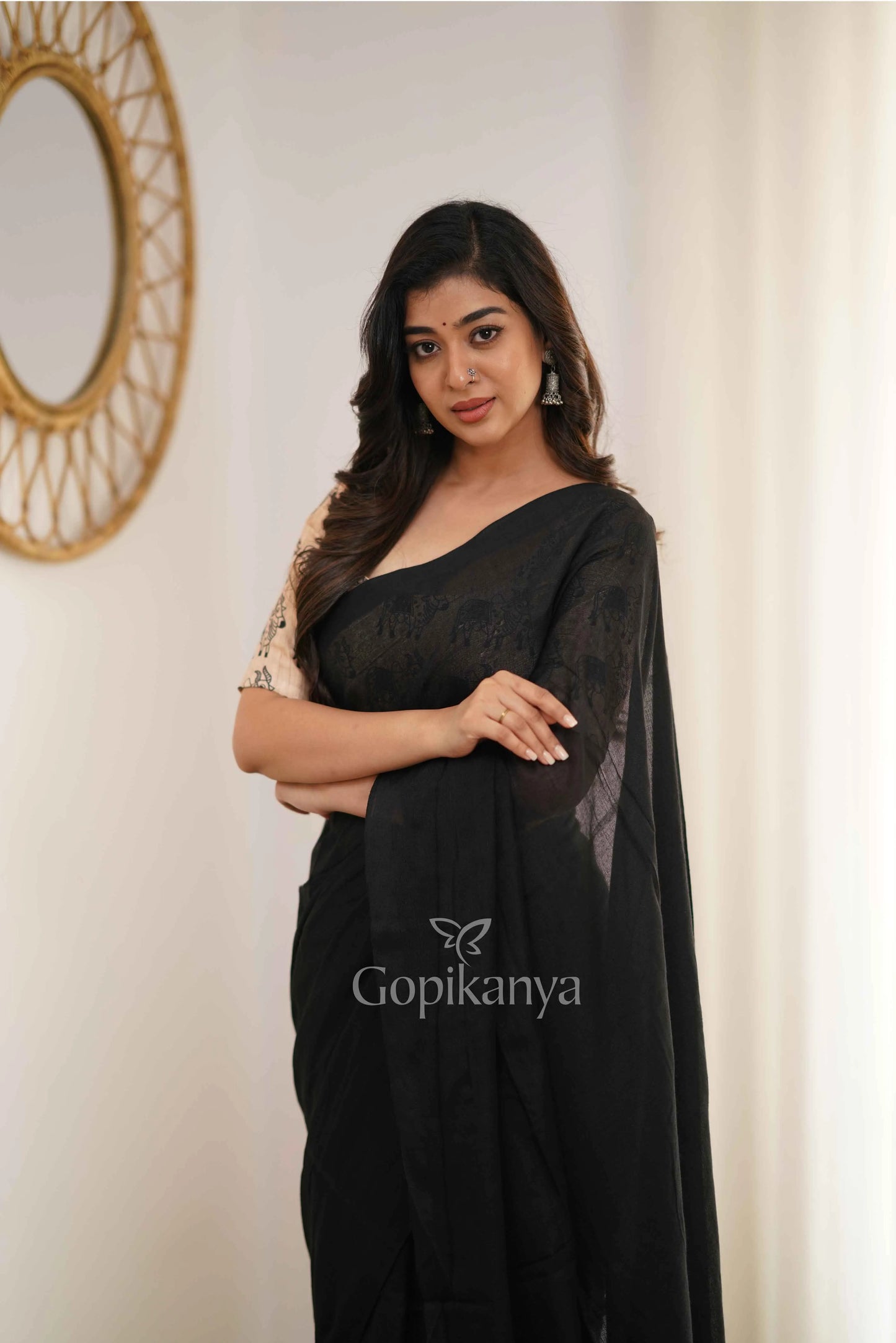 Black Handloom Cotton Saree With Chiku Printed Blouse