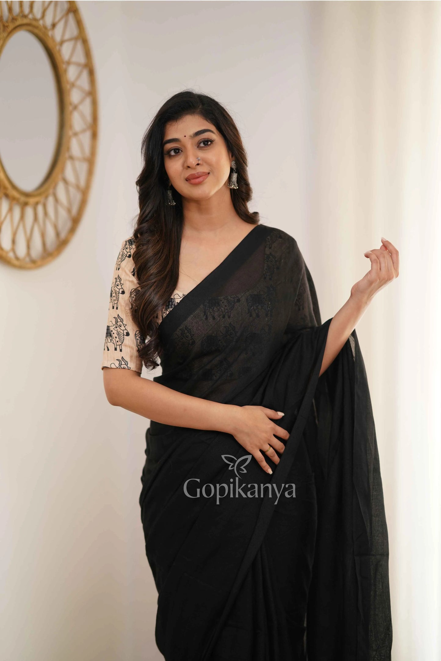 Black Handloom Cotton Saree With Chiku Printed Blouse