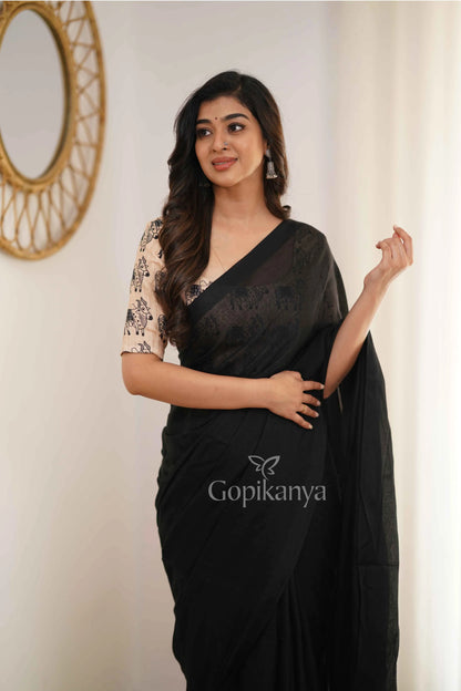 Black Handloom Cotton Saree With Chiku Printed Blouse