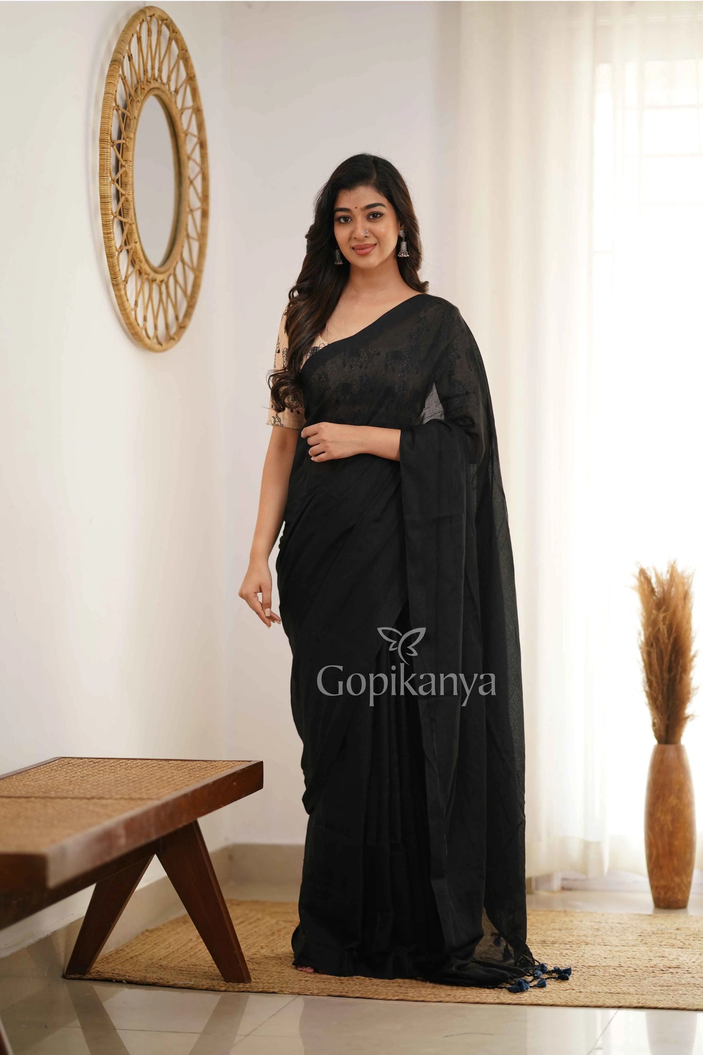 Black Handloom Cotton Saree With Chiku Printed Blouse