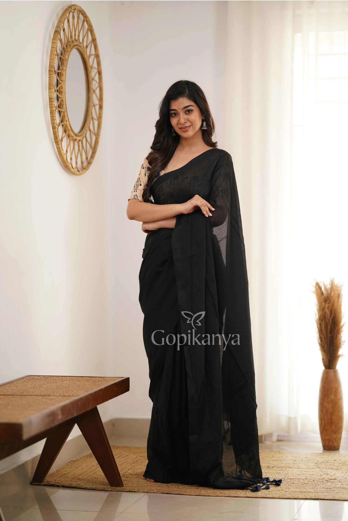 Black Handloom Cotton Saree With Chiku Printed Blouse