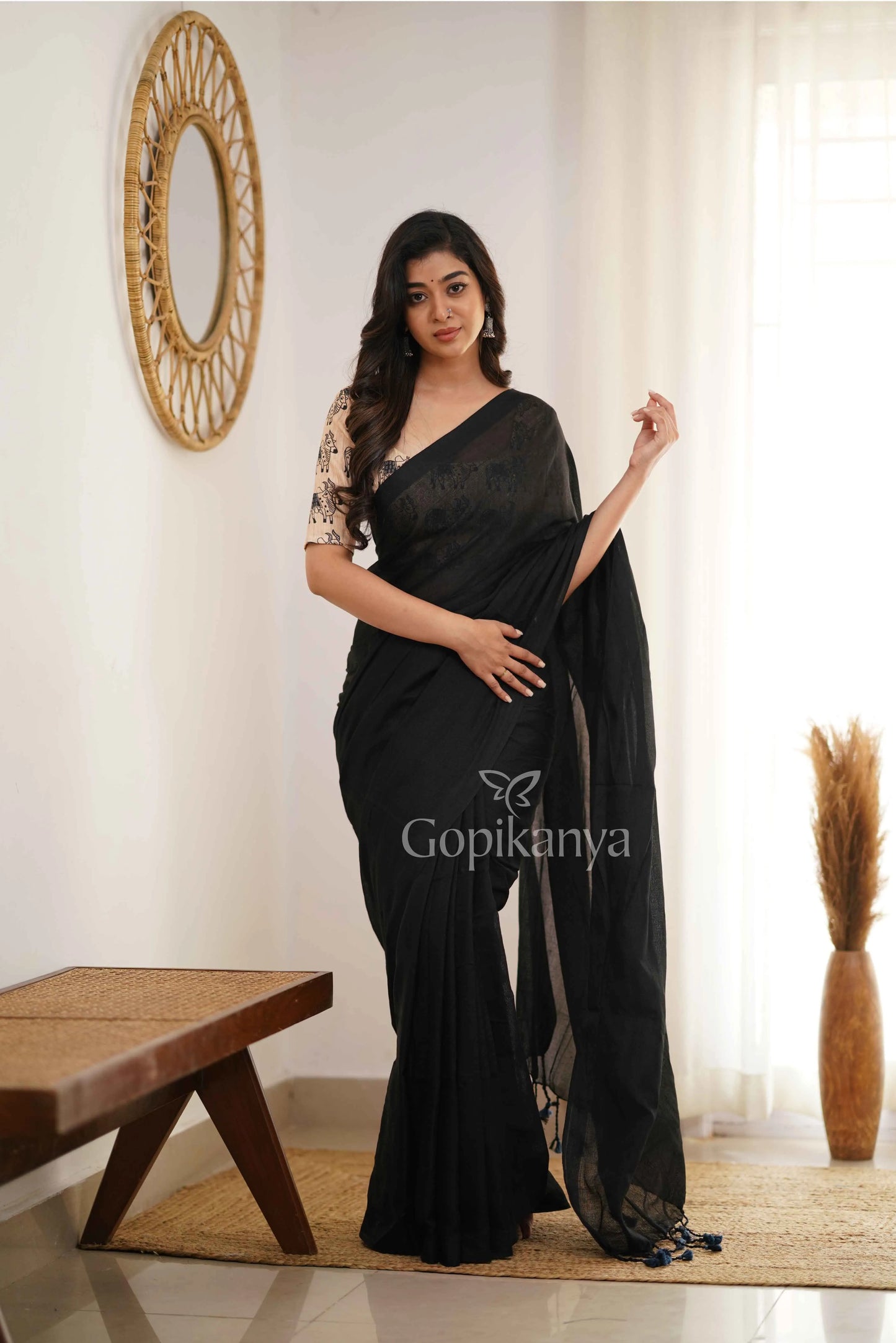 Black Handloom Cotton Saree With Chiku Printed Blouse