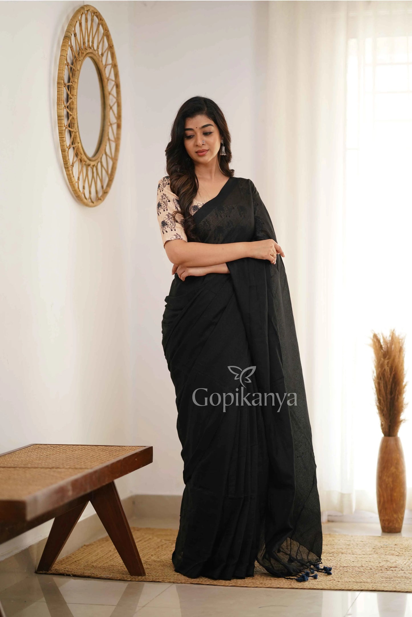 Black Handloom Cotton Saree With Chiku Printed Blouse