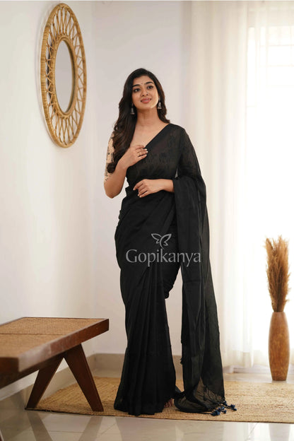 Black Handloom Cotton Saree With Chiku Printed Blouse