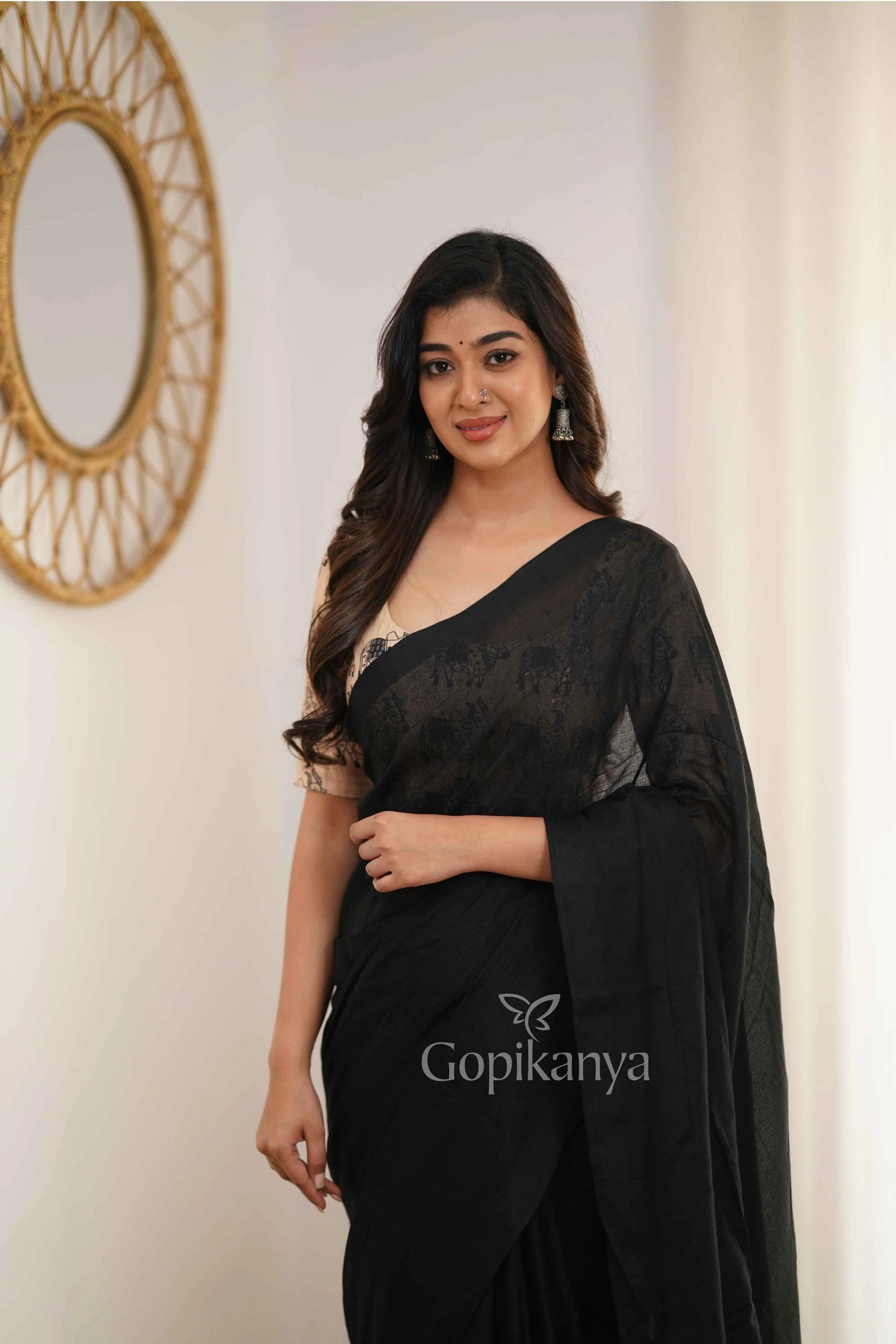 Black Handloom Cotton Saree With Chiku Printed Blouse