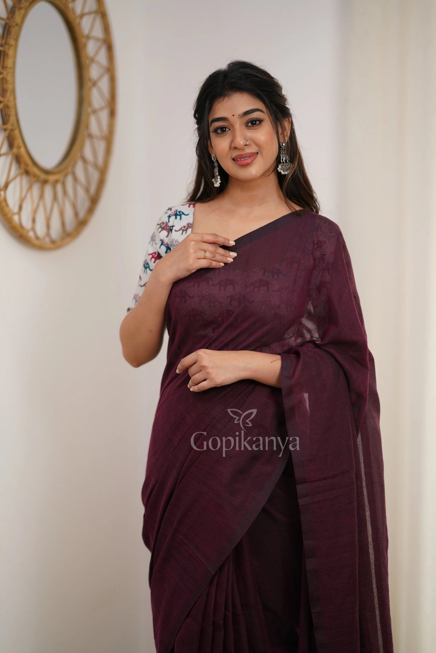 Dark Wine Handloom Cotton Saree With Elephant Printed Blouse