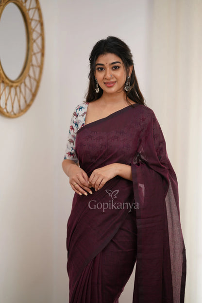 Dark Wine Handloom Cotton Saree With Elephant Printed Blouse