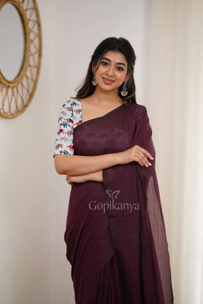 Dark Wine Handloom Cotton Saree With Elephant Printed Blouse