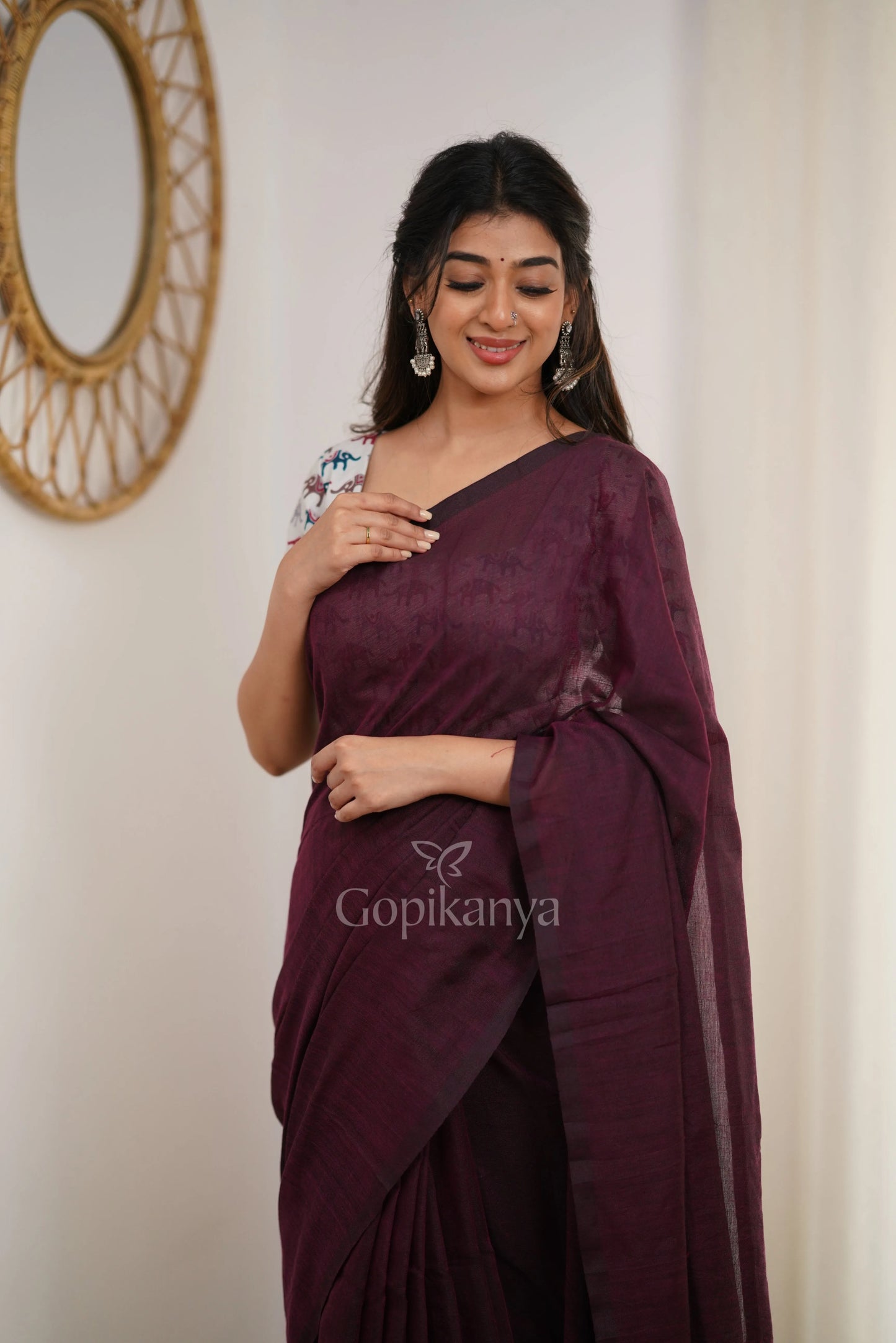 Dark Wine Handloom Cotton Saree With Elephant Printed Blouse