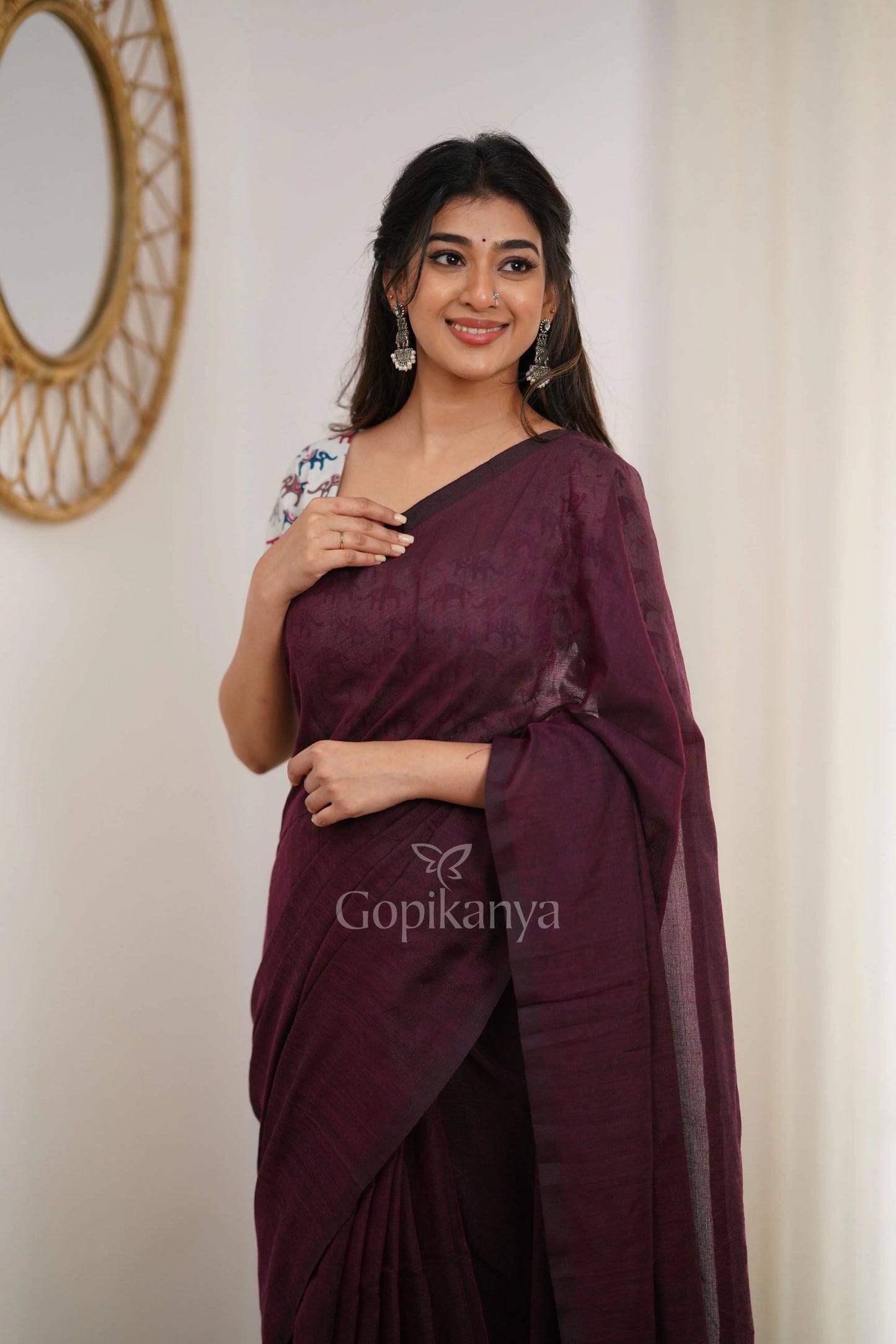 Dark Wine Handloom Cotton Saree With Elephant Printed Blouse