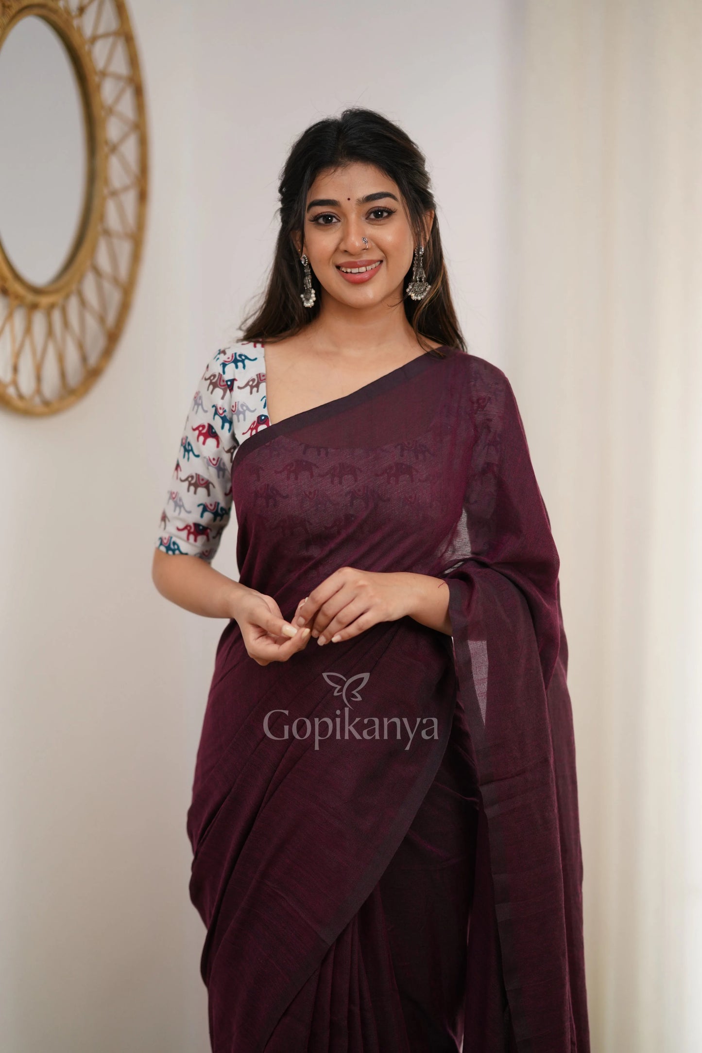 Dark Wine Handloom Cotton Saree With Elephant Printed Blouse