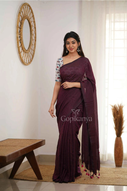 Dark Wine Handloom Cotton Saree With Elephant Printed Blouse