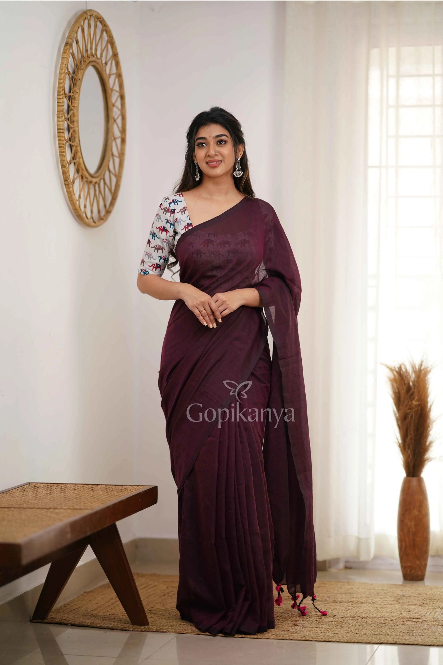 Dark Wine Handloom Cotton Saree With Elephant Printed Blouse