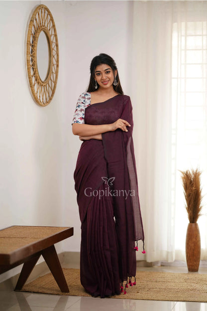 Dark Wine Handloom Cotton Saree With Elephant Printed Blouse