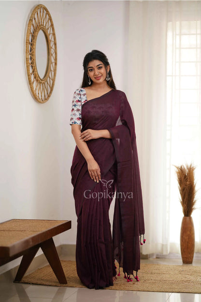 Dark Wine Handloom Cotton Saree With Elephant Printed Blouse