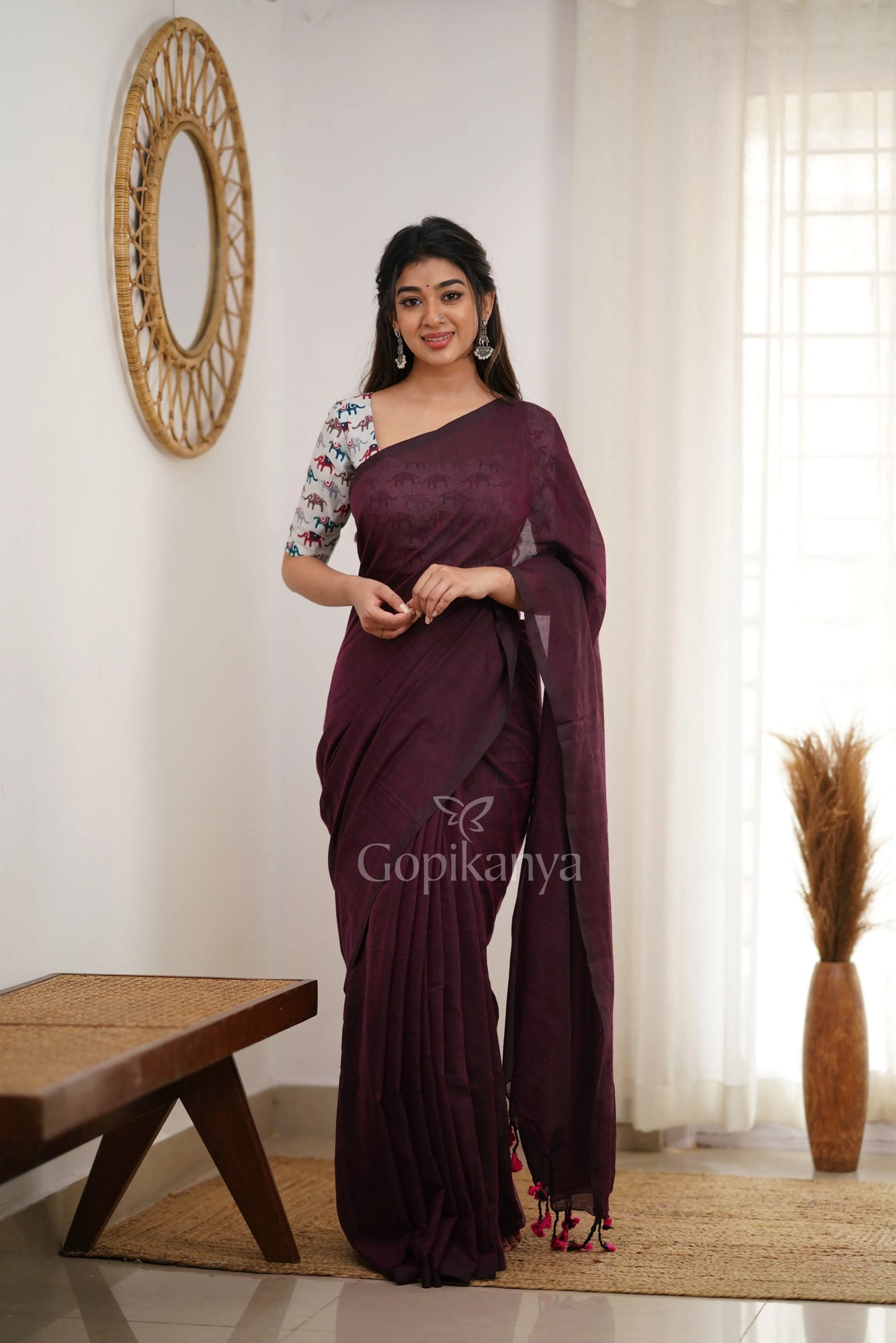 Dark Wine Handloom Cotton Saree With Elephant Printed Blouse