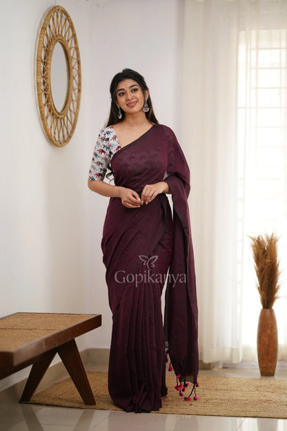 Dark Wine Handloom Cotton Saree With Elephant Printed Blouse