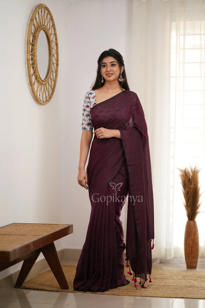 Dark Wine Handloom Cotton Saree With Elephant Printed Blouse