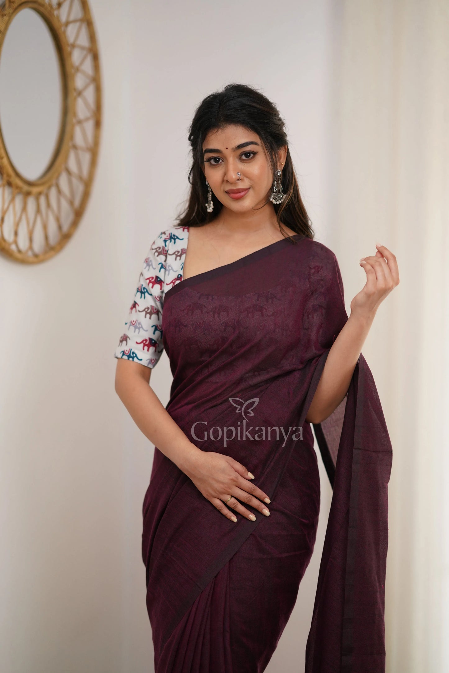 Dark Wine Handloom Cotton Saree With Elephant Printed Blouse