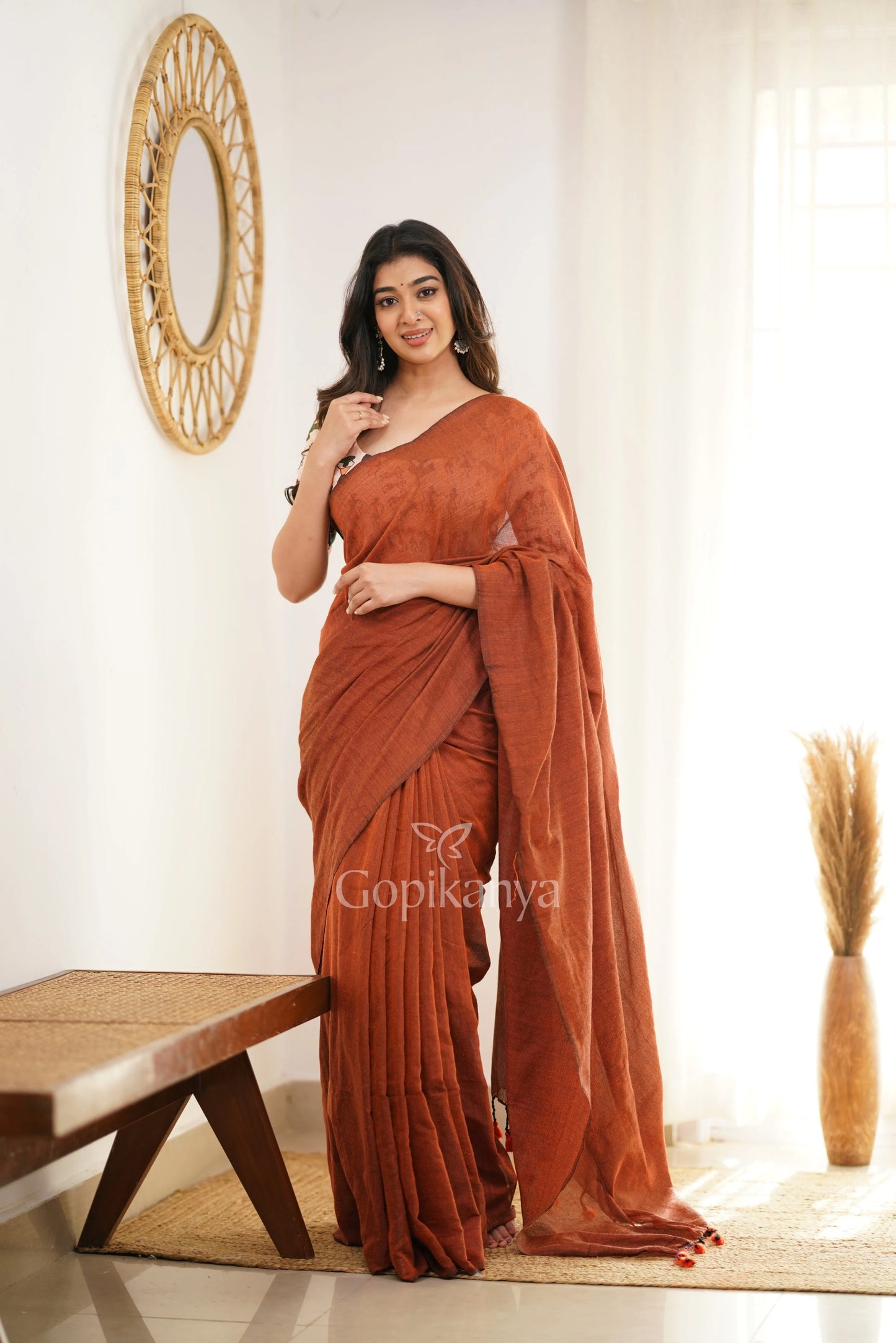 Orange Handloom Cotton Saree With Vani Printed Blouse