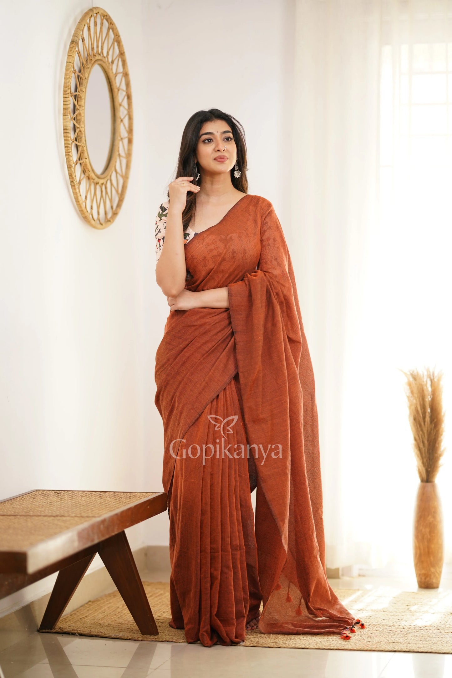 Orange Handloom Cotton Saree With Vani Printed Blouse