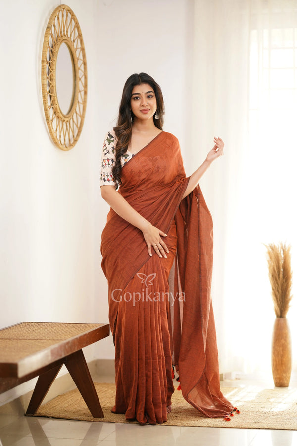 Orange Handloom Cotton Saree With Vani Printed Blouse