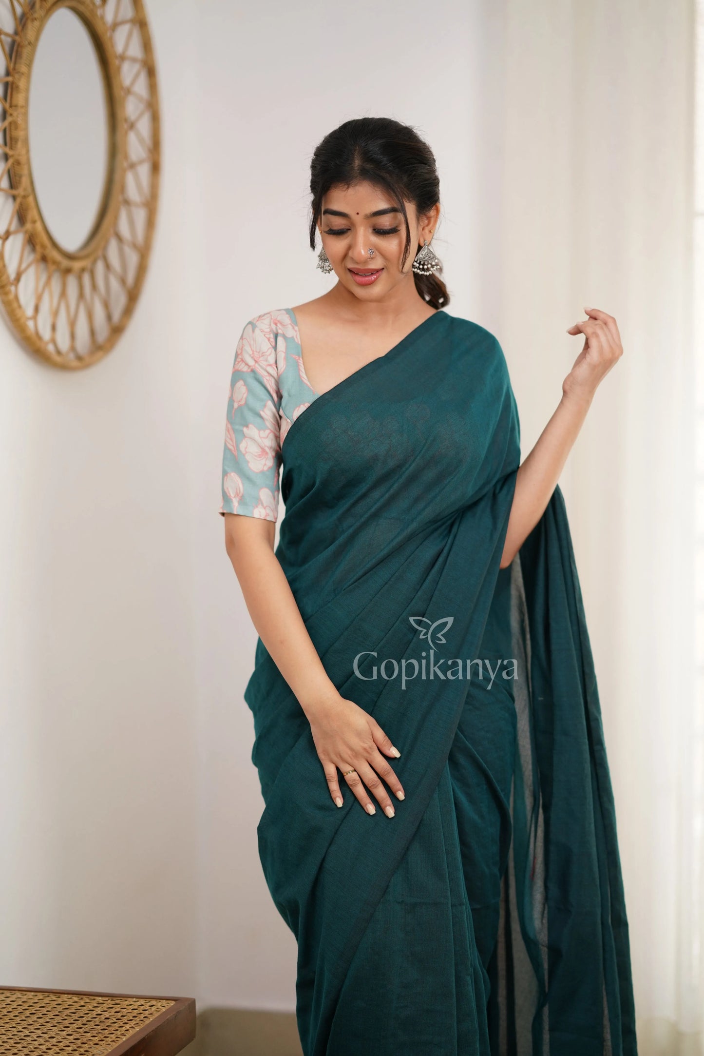 Rama Handloom Cotton Saree With Designer Printed Blouse