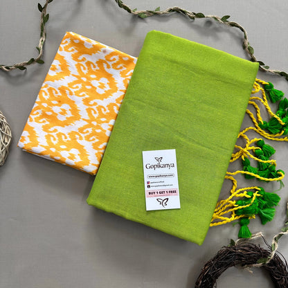 Perrot Green Handloom Cotton Saree With Yellow Printed Blouse