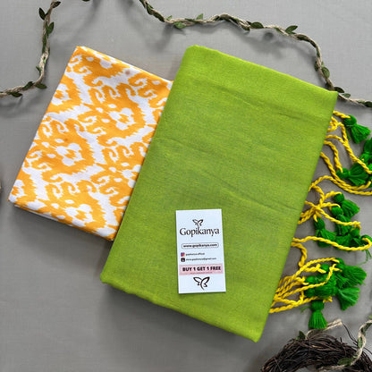 Perrot Green Handloom Cotton Saree With Yellow Printed Blouse