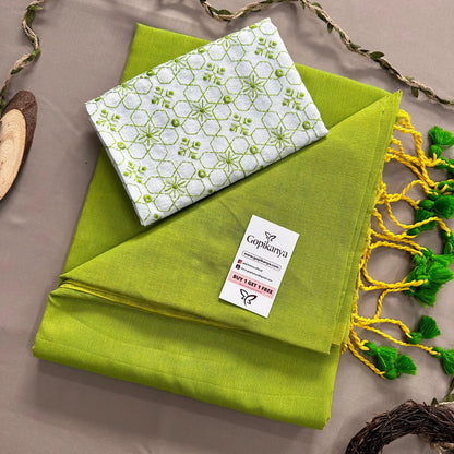 Perrot Green Handloom Cotton Saree With Embroidery Work Blouse