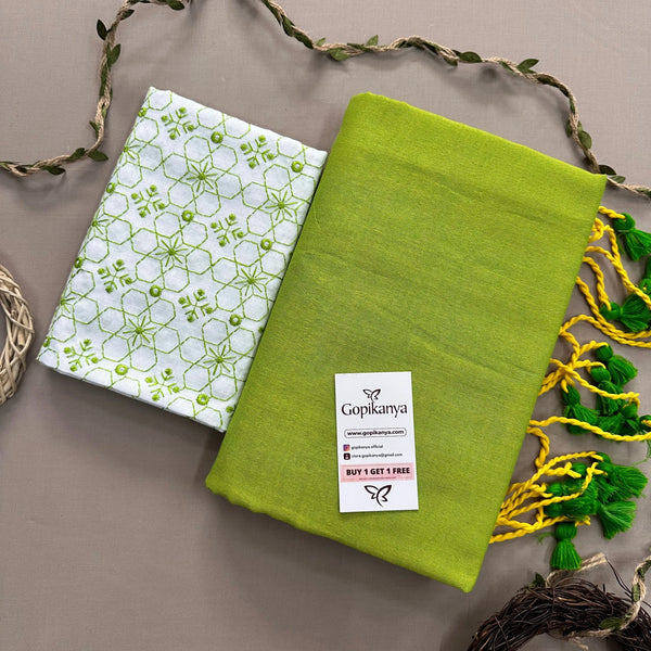 Perrot Green Khadi Cotton Saree With Embroidery Work Blouse