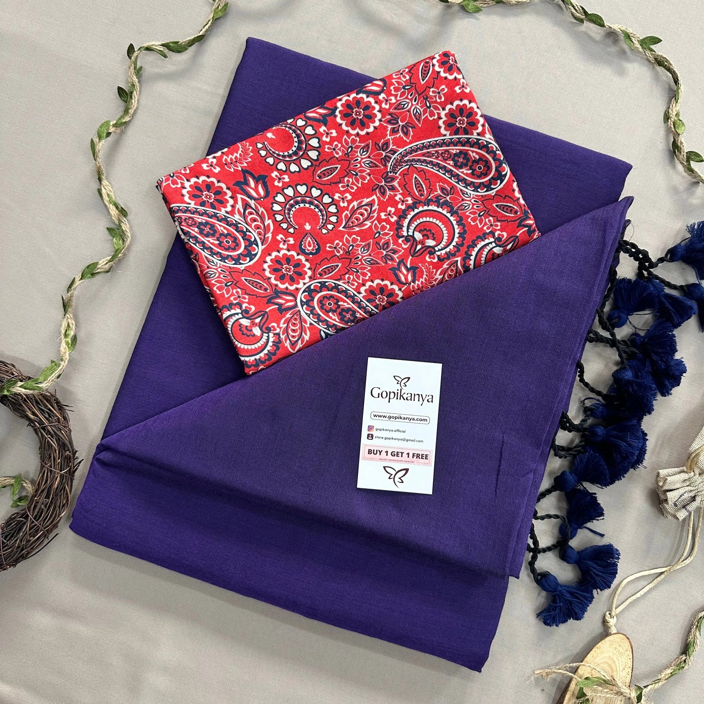 Purple Handloom Cotton Saree With Red Mango Printed Blouse