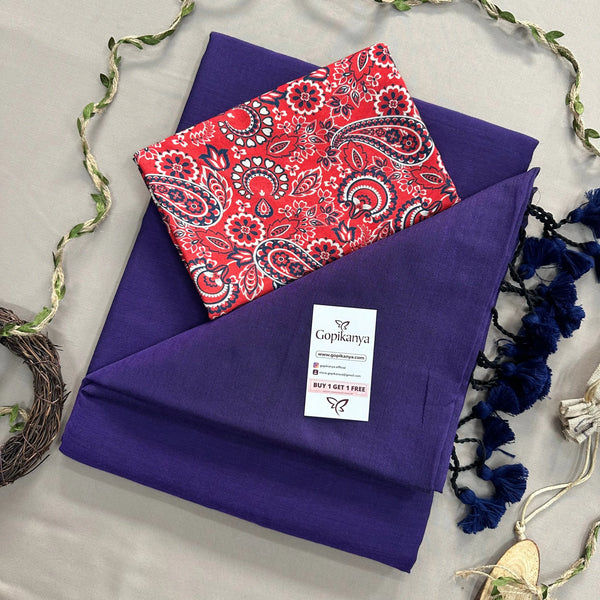 Purple Khadi Cotton Saree With Red Mango Printed Blouse